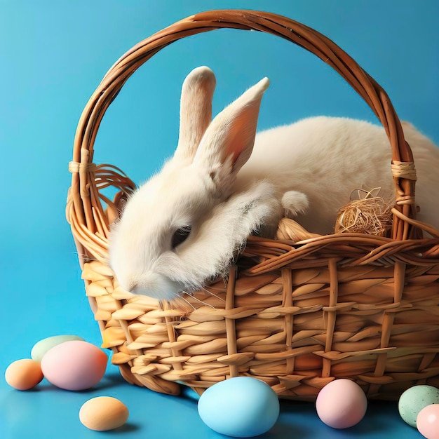 panier en osier avec un lapin et plein d'oeufs de pâques sur fond bleu