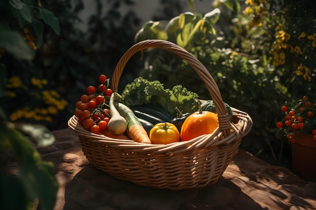 Panier en osier avec des légumes biologiques frais dans le jardin par une journée ensoleillée Cultiver son propre concept alimentaire généré par l'IA