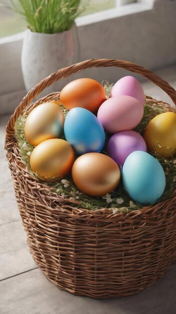 Un panier en osier avec un œuf de Pâques