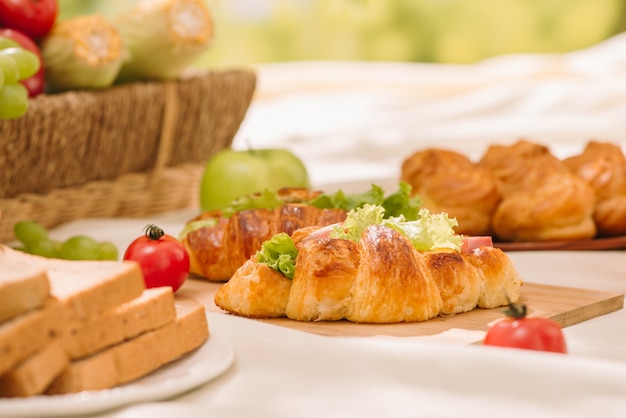 Panier en osier de pique-nique avec de la nourriture, du pain, des fruits et du jus d'orange sur un tissu à carreaux rouges et blancs sur le terrain avec un fond de nature verte. Notion de pique-nique.