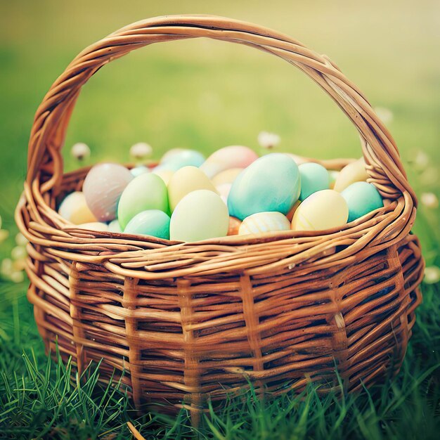 panier en osier plein d'oeufs de pâques sur l'herbe