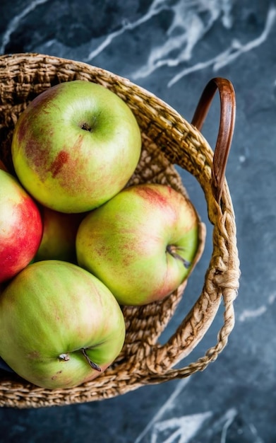 Un panier en osier de pommes brillantes mûres sur une surface en marbre