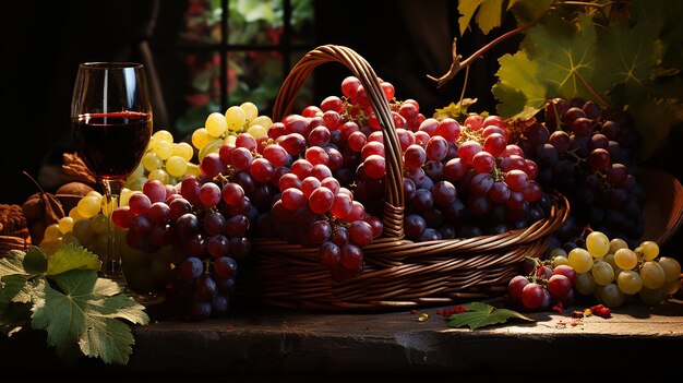 Un panier en osier avec des raisins en arrière-plan