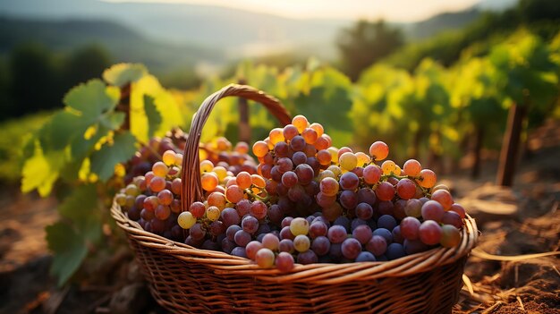 Photo un panier en osier avec des raisins en arrière-plan