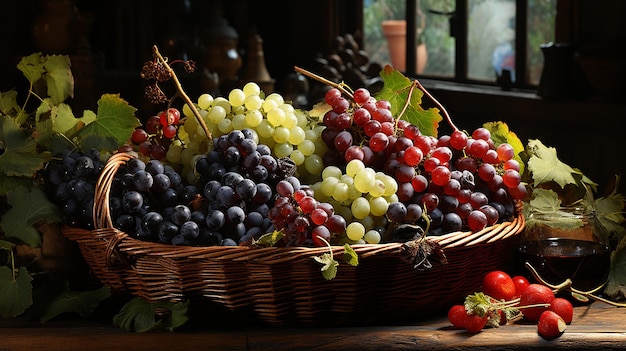 Panier en osier avec raisins et fond de vigne