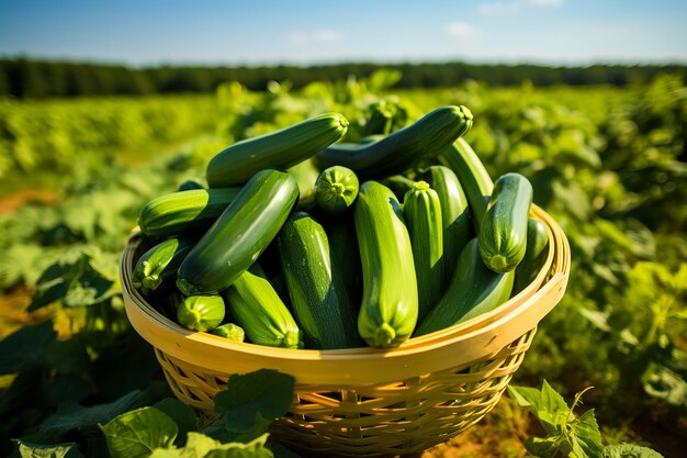 Photo un panier en osier avec la récolte de courgettes sur un concept de récolte dans un champ agricole