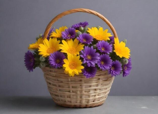 Un panier en osier rempli de fleurs jaunes et violettes sur un fond gris