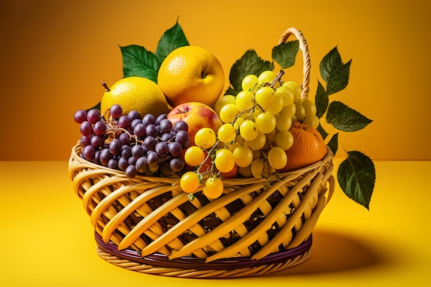 Panier en osier rempli de fruits assortis sur fond jaune vif Generative AI