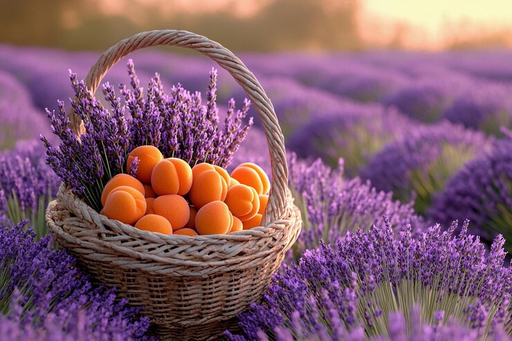 Un panier en osier rempli de pêches parmi des champs de lavande en fleurs