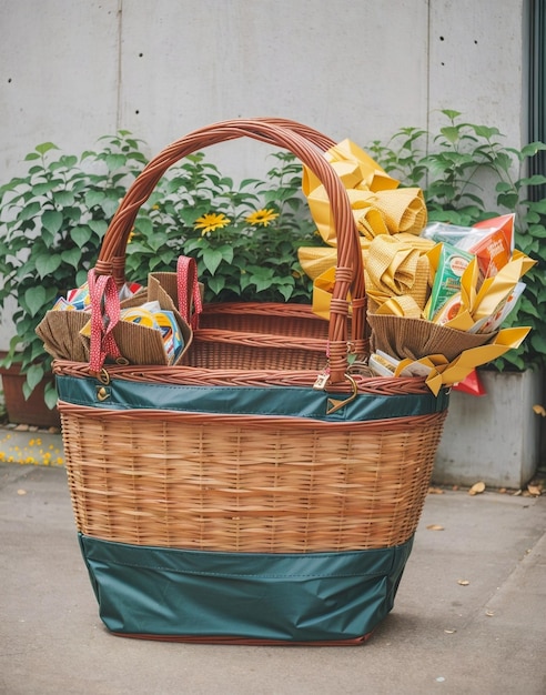 Photo un panier en osier rempli de sacs et d'objets différents un panier de cadeaux en bois