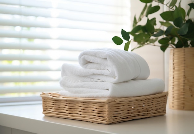 Panier en osier avec serviettes blanches sur table dans la salle de bains