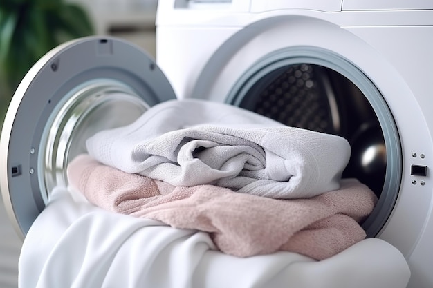 Un panier en osier avec des vêtements sale et une machine à laver sur le sol dans la buanderie