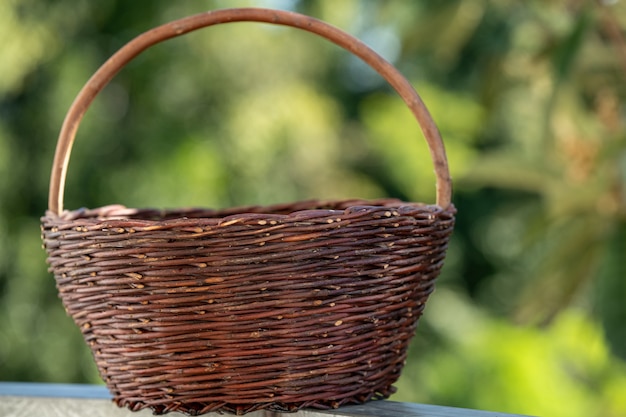 Panier en osier vintage sur fond de feuilles vertes