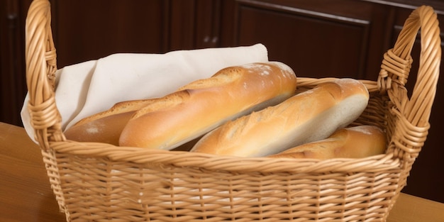 Un panier de pain est représenté avec une serviette blanche dedans.