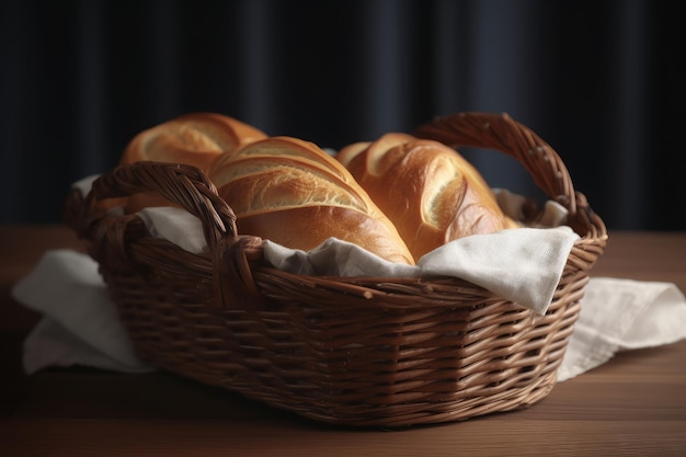 Un panier de pain est représenté sur une table.