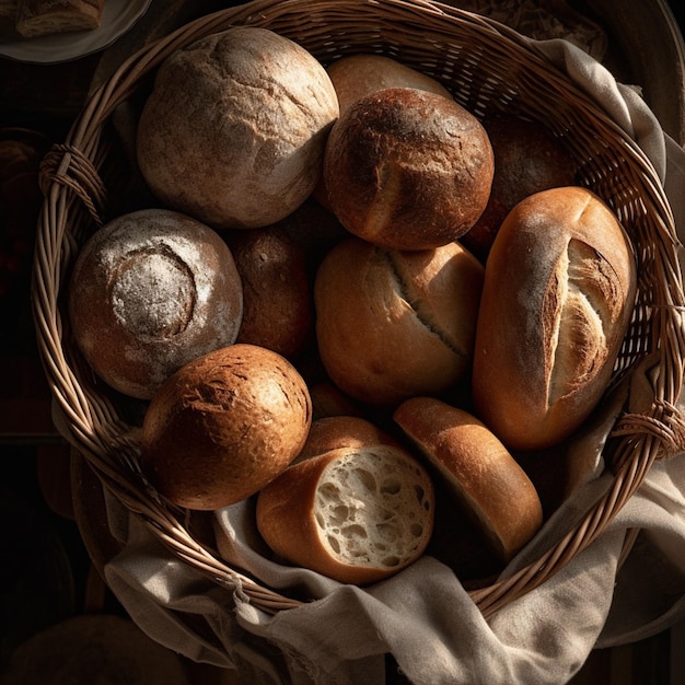 Un panier de pain est sur un tissu devant un tissu