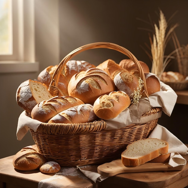 Un panier de pain frais et une miche de bonté saine