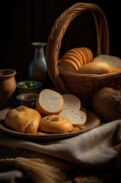 Panier de pain frais et petits pains