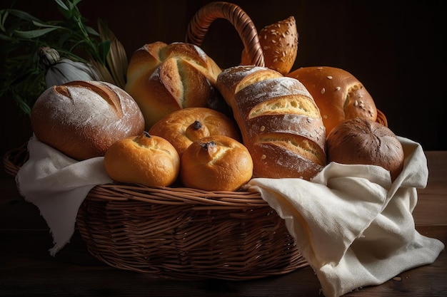 Panier de pains artisanaux assortis prêts pour un repas savoureux et satisfaisant créé avec une IA générative