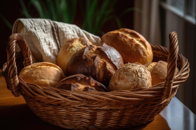 Panier de pains artisanaux fraîchement cuits prêts pour le grignotage ou les sandwichs créés avec l'IA générative