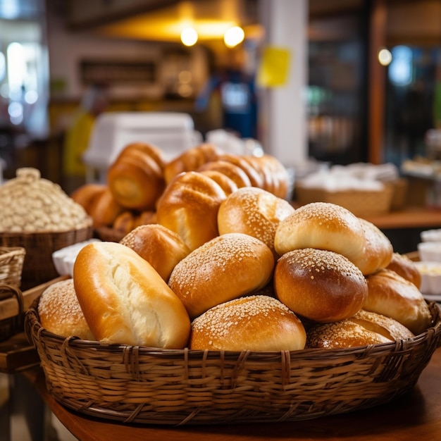 Un panier de pains avec un signe