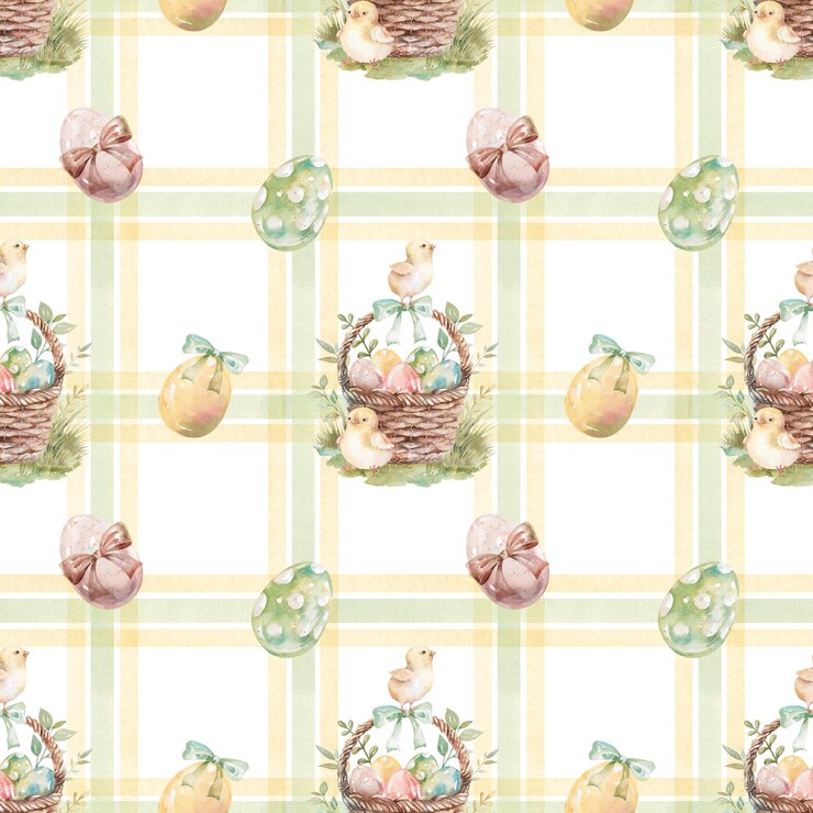 panier de Pâques à aquarelle avec des poulets, des œufs peints et des rayures vertes et jaunes qui se croisent