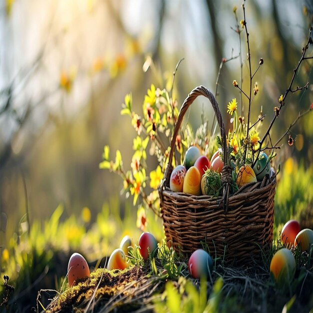 panier de Pâques avec beaucoup d'œufs de Pâque colorés avec des décorations