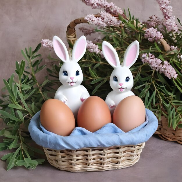 Photo un panier de pâques coloré avec des œufs peints et des figurines de lapins