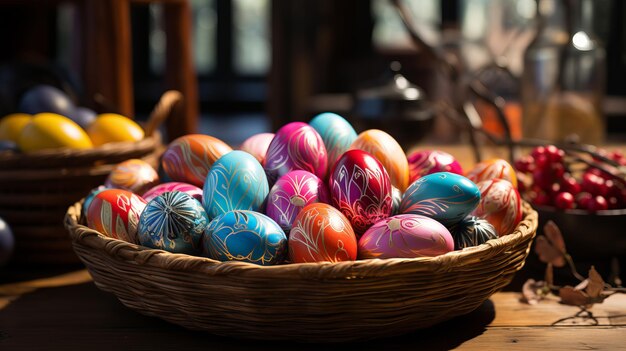Un panier de Pâques coloré rempli d'œufs