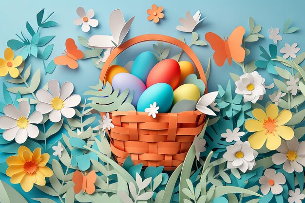 Un panier de Pâques avec des œufs colorés coupés en papier