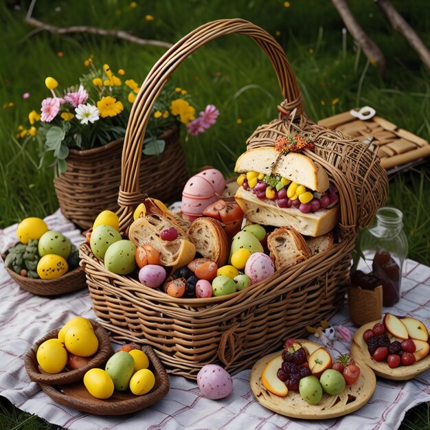 Un panier de Pâques avec des œufs colorés, des fruits et des pâtisseries sur l'herbe générative ai