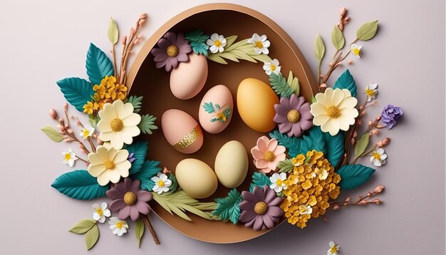 Panier de Pâques avec des oeufs et des fleurs AI Generative