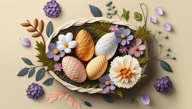 Panier de Pâques avec des oeufs et des fleurs AI Generative