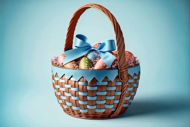 Panier de Pâques avec oeufs et ruban bleu. Panier en osier avec oeufs verts, rouges, bleus. IA générative