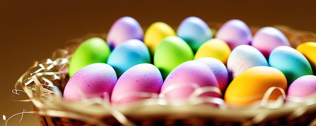 Panier de Pâques rempli d'œufs de Pâques peints sur fond pastel