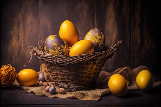 Panier de Pâques traditionnel avec des oeufs. IA générée.