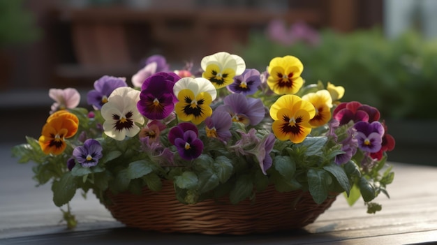 Un panier de pensées est posé sur une table au soleil.