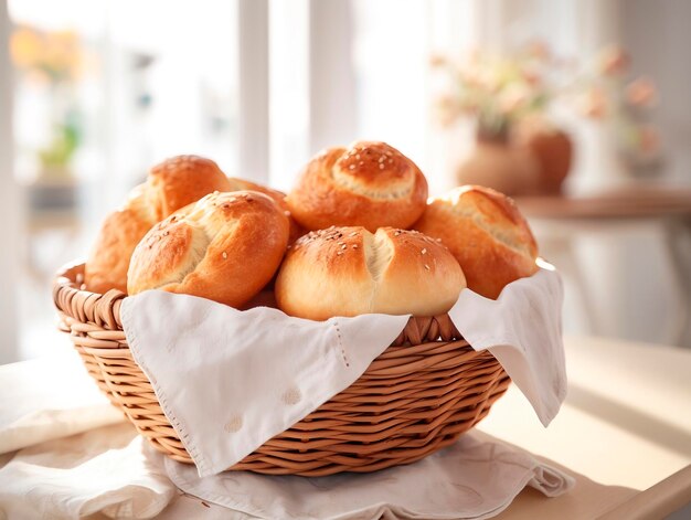 Panier avec des petits pains savoureux sur la table dans la cuisine en gros plan