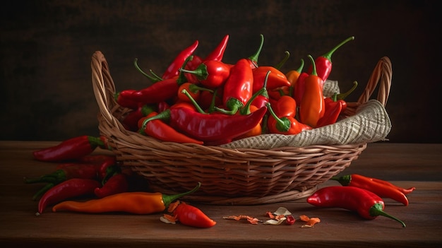 Un panier de piments rouges est posé sur une table avec d'autres piments.