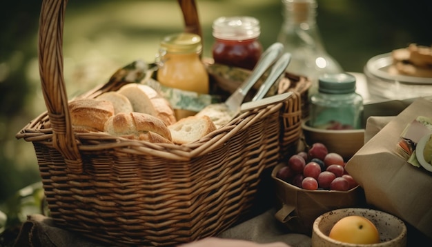 Panier de pique-nique bio rempli d'aliments gastronomiques générés par l'IA