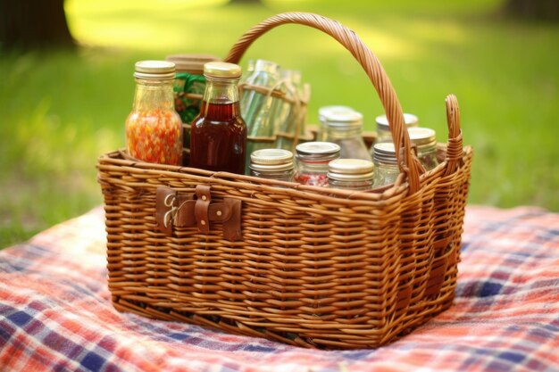 Photo panier de pique-nique avec des bouteilles de soda faites maison, créé avec une ia générative