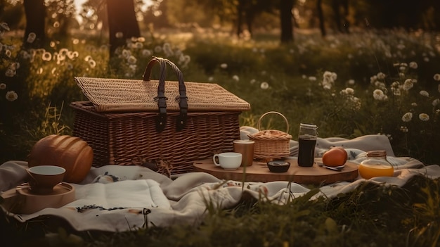 Panier pique-nique sur une couverture dans un parc