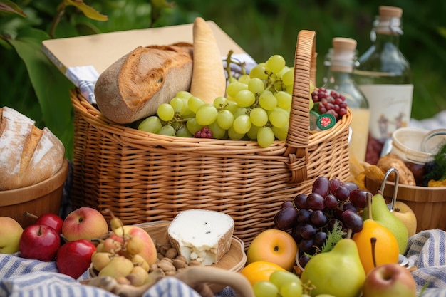 Panier pique-nique débordant de fromages aux fruits et de pain frais