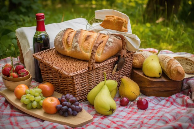 Panier pique-nique débordant de fromages aux fruits et de pain frais