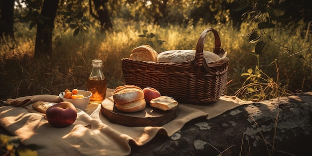 Un panier pique-nique avec du pain et un panier de pain sur une bûche dans les bois.