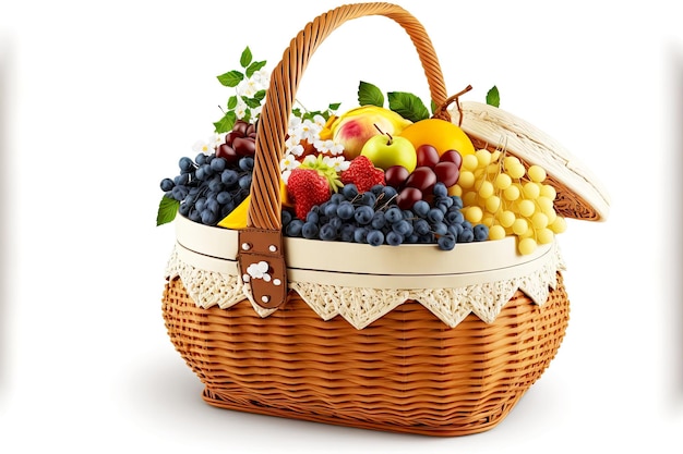 Panier de pique-nique d'été avec des fruits sur fond blanc