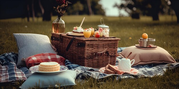 Panier pique-nique avec fruits et boulangerie sur tissu dans le jardin généré par l'IA