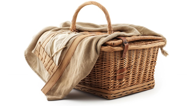 Un panier de pique-nique en osier avec une couverture beige sur fond blanc