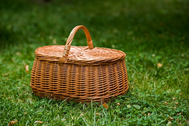 Photo panier de pique-nique en osier sur l'herbe