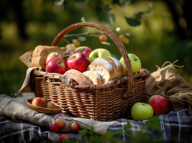 Panier pique-nique avec pommes et pain à l'extérieur